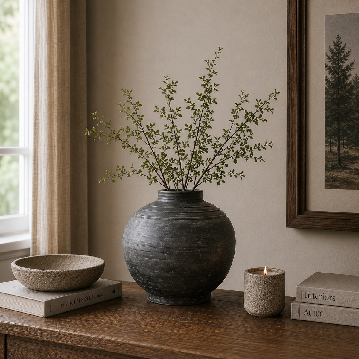 Approx 11" Earthy Gray Round Vase with Three Lines