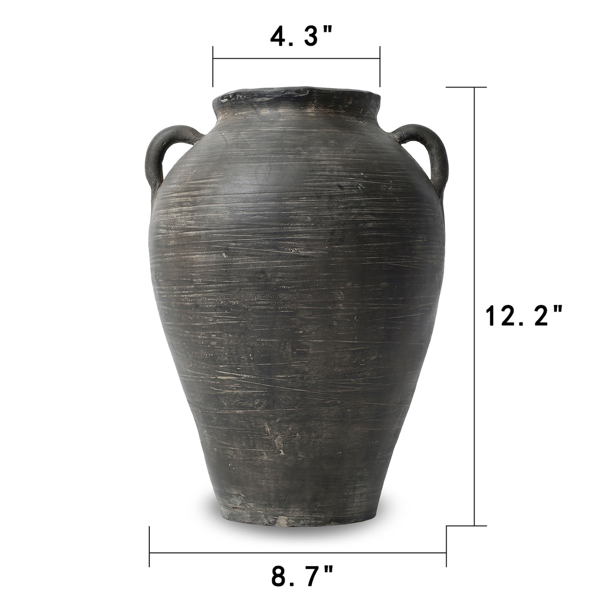 Approx. 12"H Charcoal Gray Vase with Two Handles (4.3" opening)