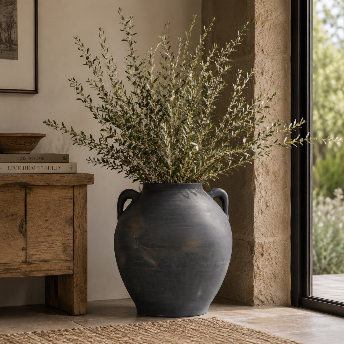 Approx.15" Charcoal Gray Pottery Vase with Two Handles