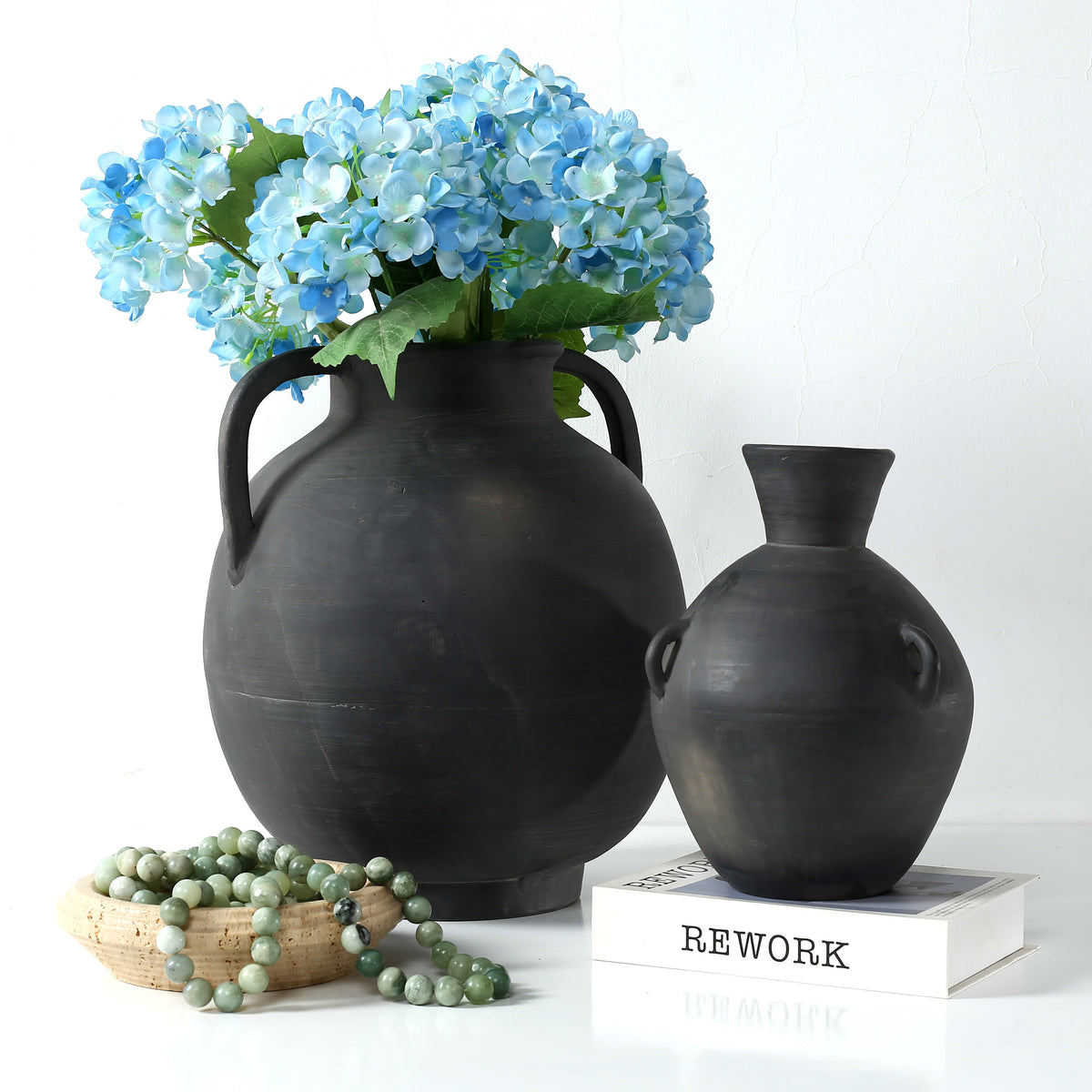 Approx.10" Charcoal Gray Pottery Vase with Three Decorative Hooks