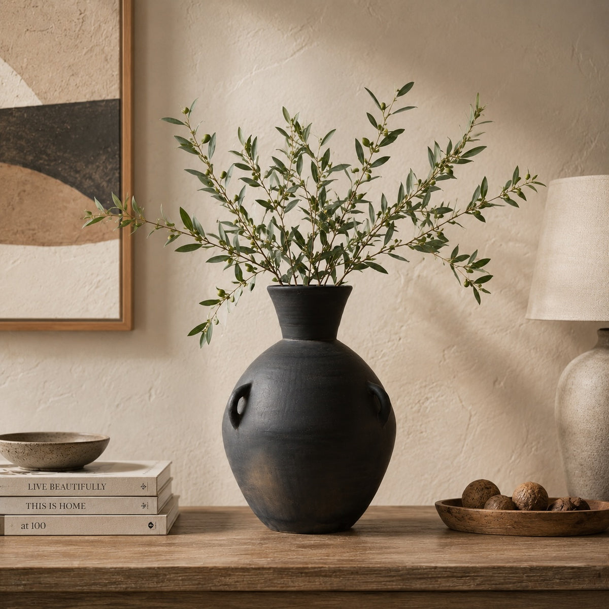 Approx.10" Charcoal Gray Pottery Vase with Three Decorative Hooks
