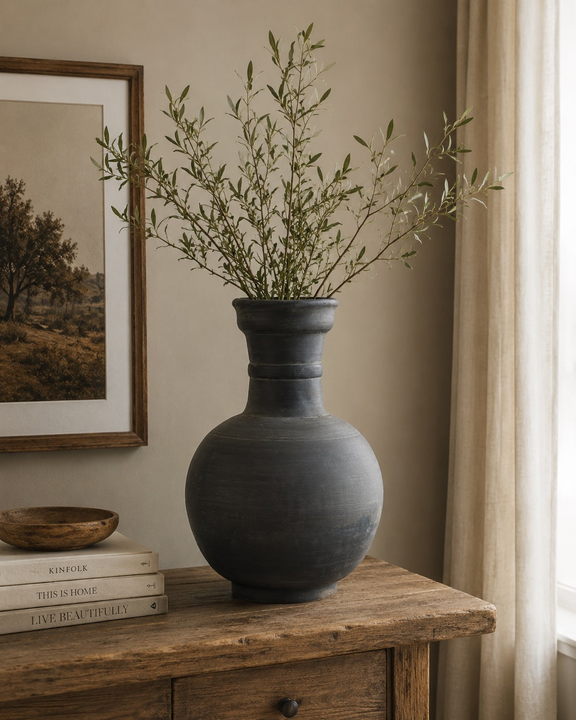 Approx.16" Charcoal Gray Pottery Vase Globular Shape