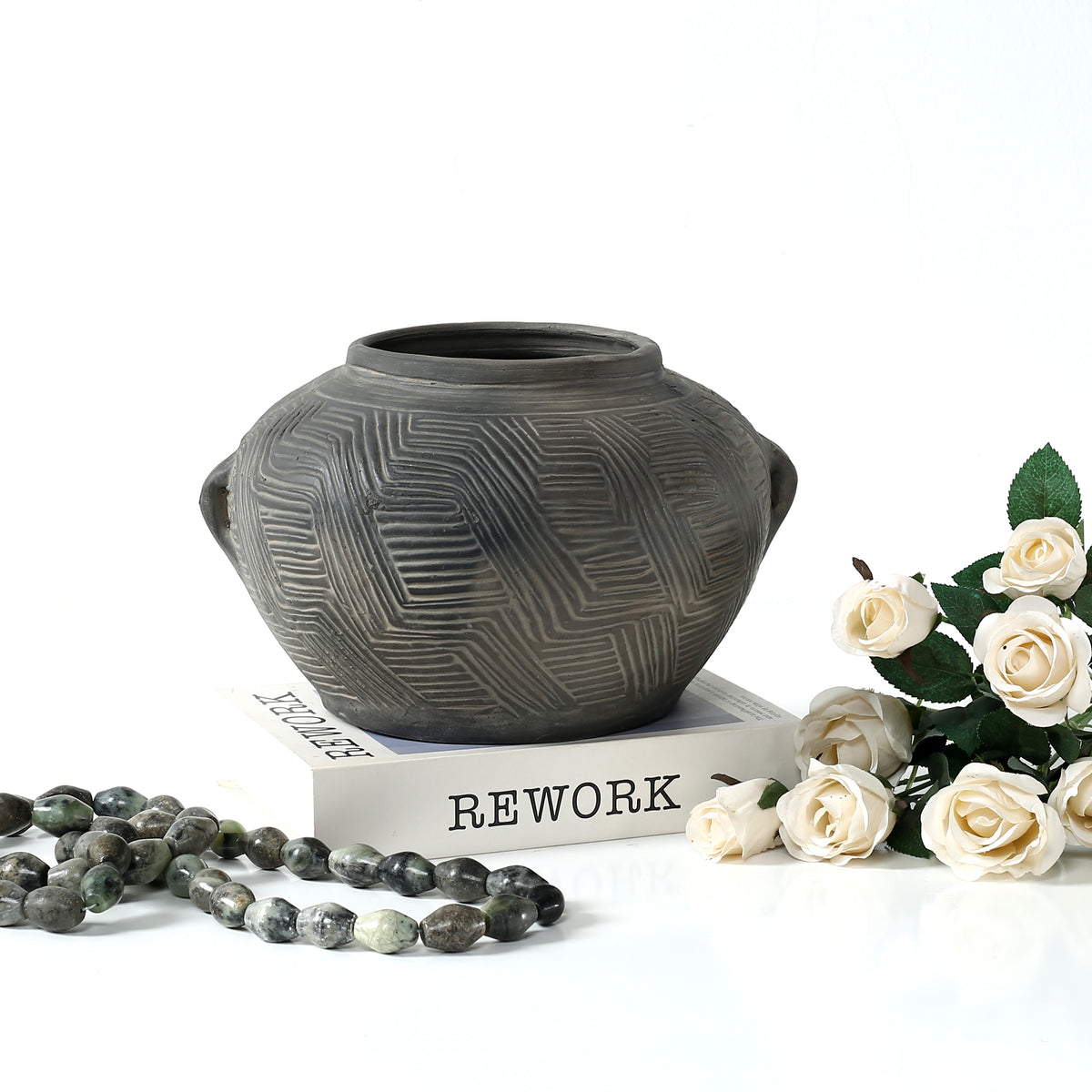 Approx.6" High Charcoal Gray Pottery Vase with Tribe Prints