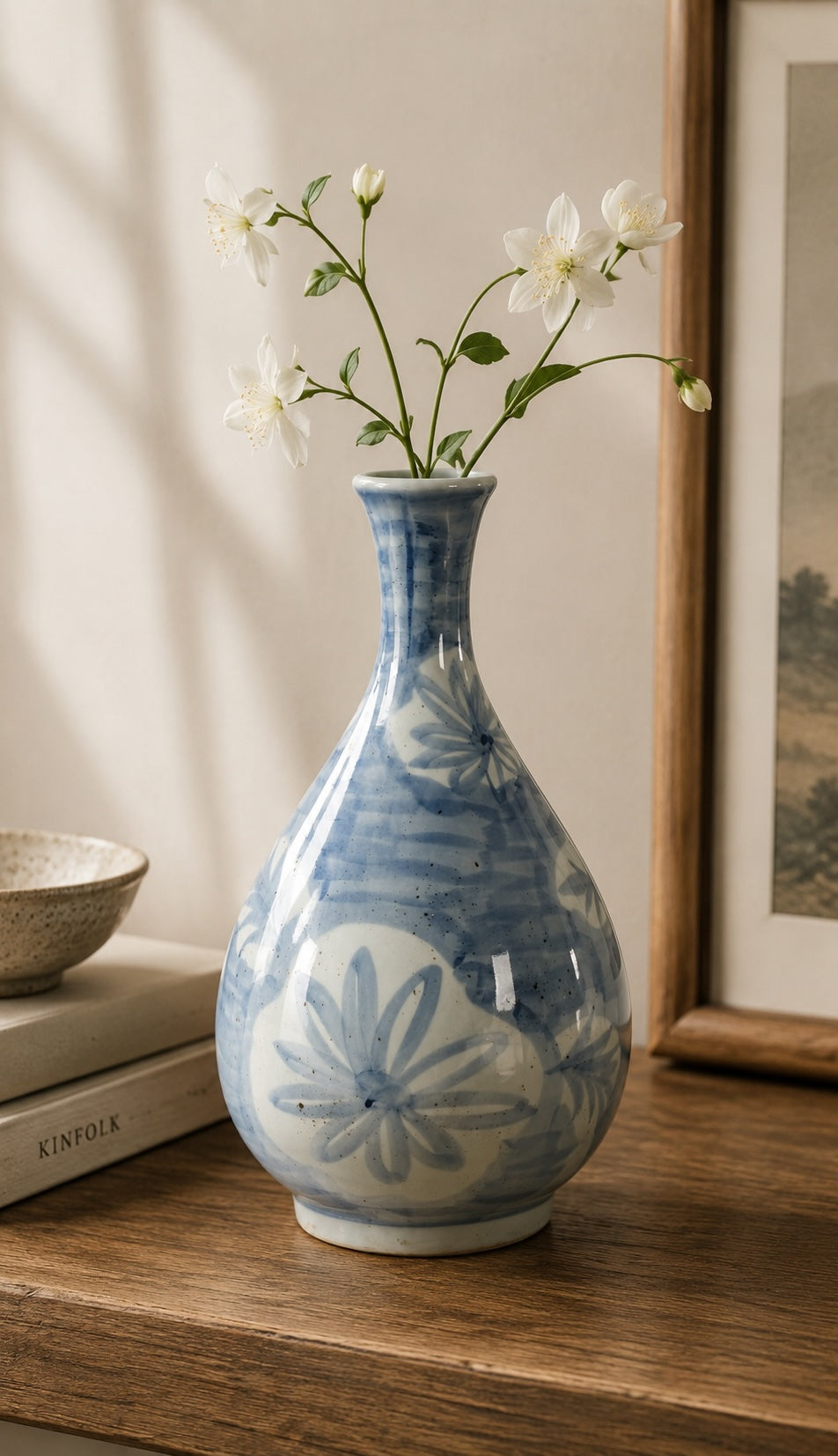 13" High Blue and White Decorative Vase with Floral and Leaf Motif