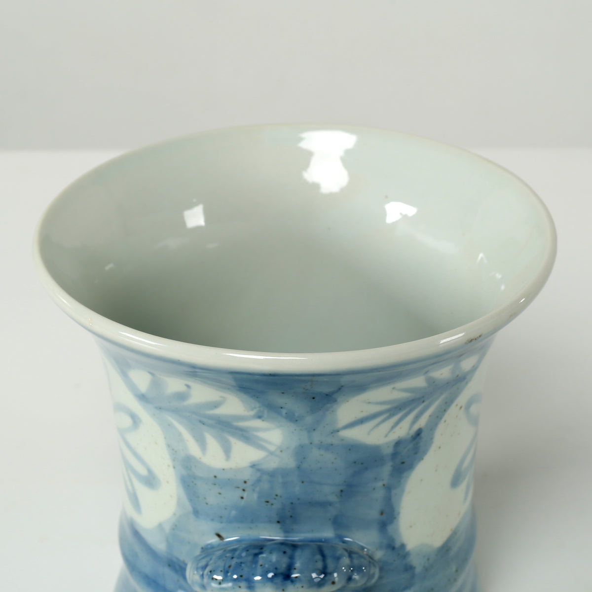 7.5" Wide Blue and White Decorative Vase with Floral and Leaf Motif