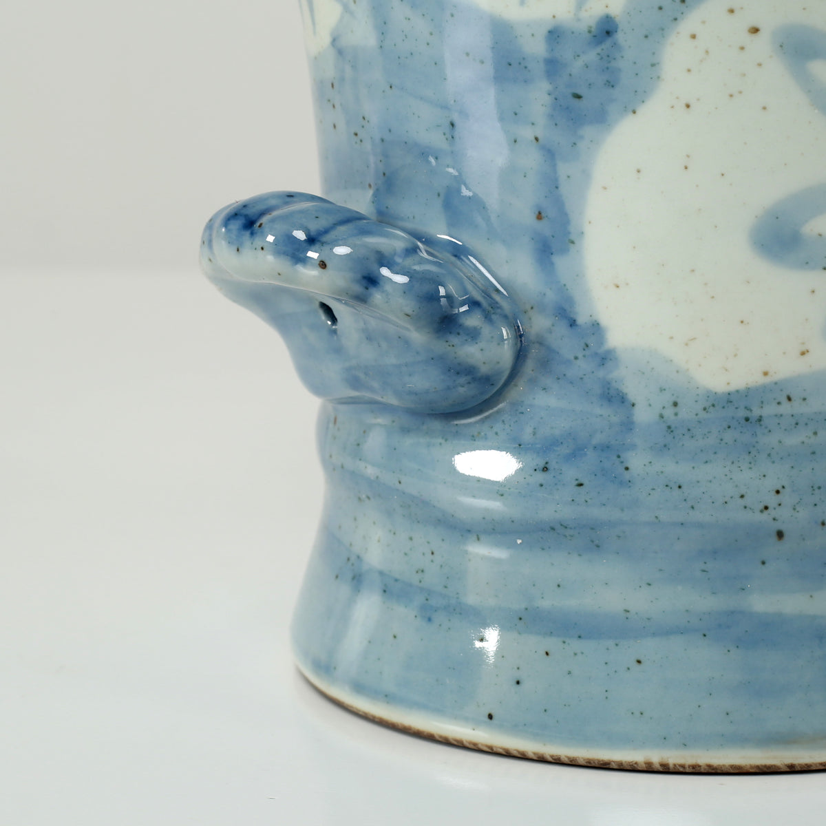 7.5" Wide Blue and White Decorative Vase with Floral and Leaf Motif