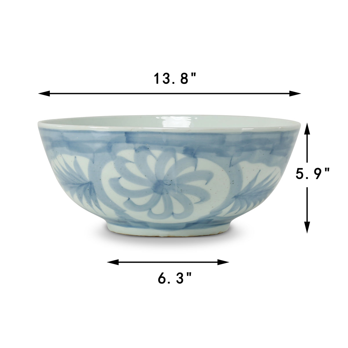 13.7 Inches Wide Blue and White Bowl with Floral and Leaf Motif