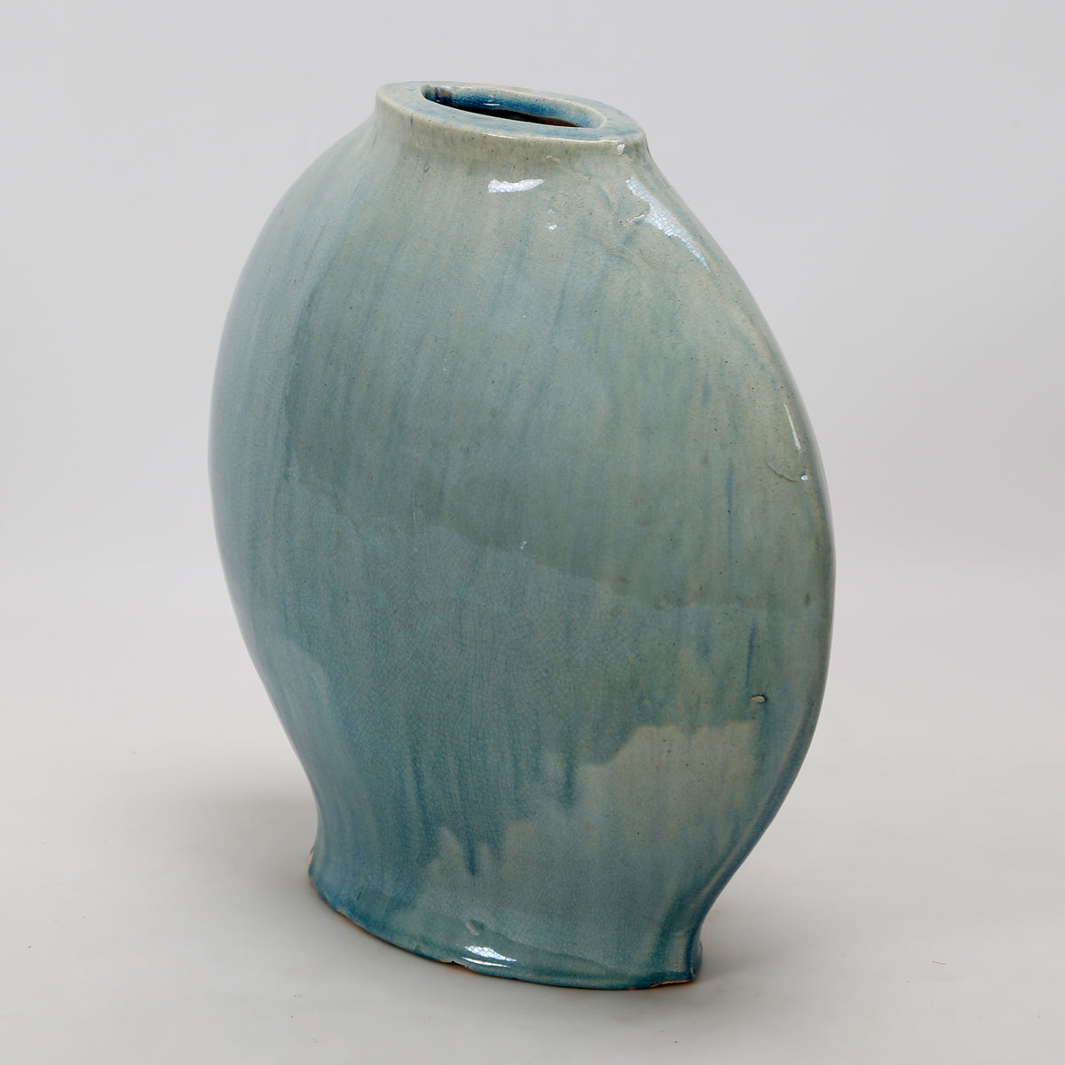 Vintage Style Blue-Green Ceramic Flat Vase