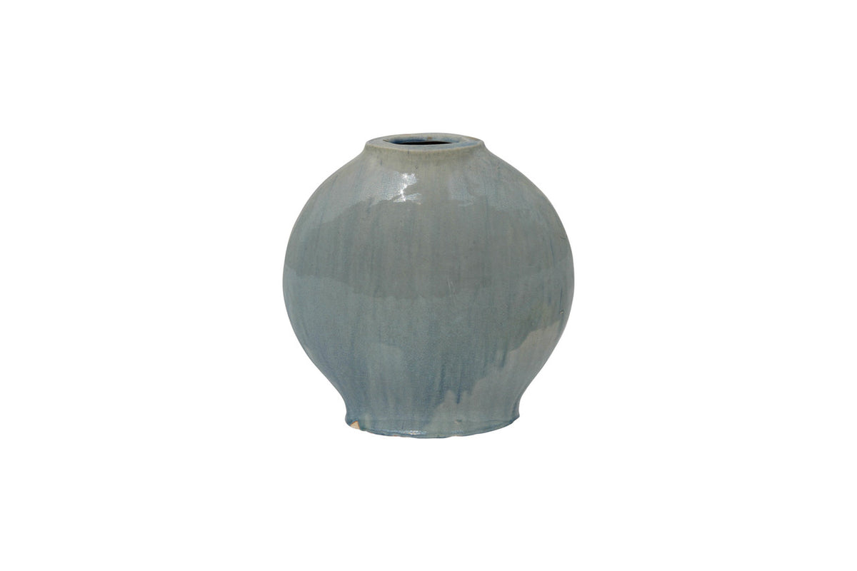 Vintage Style Blue-Green Ceramic Flat Vase