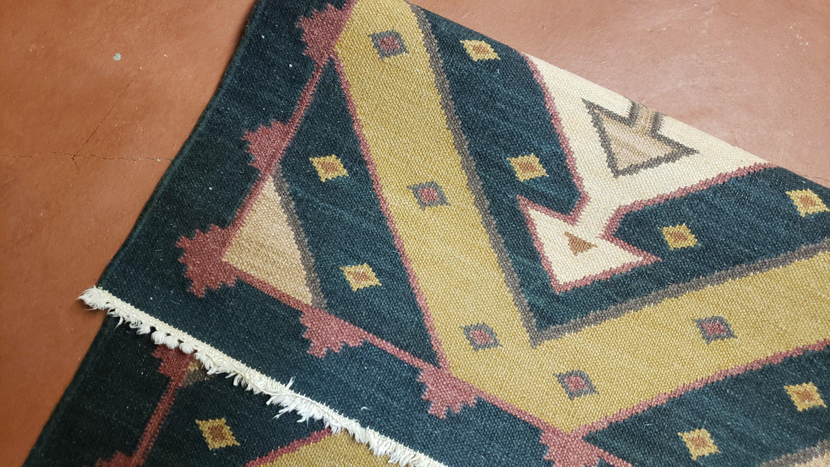 Vintage Indian Kilim Runner Rug, Geometric Flatweave Hand-Knotted Wool Kitchen Hallway Runner, Black Gold & Beige, 2' 8" x 9' 9" - Jewel Rugs, view 10
