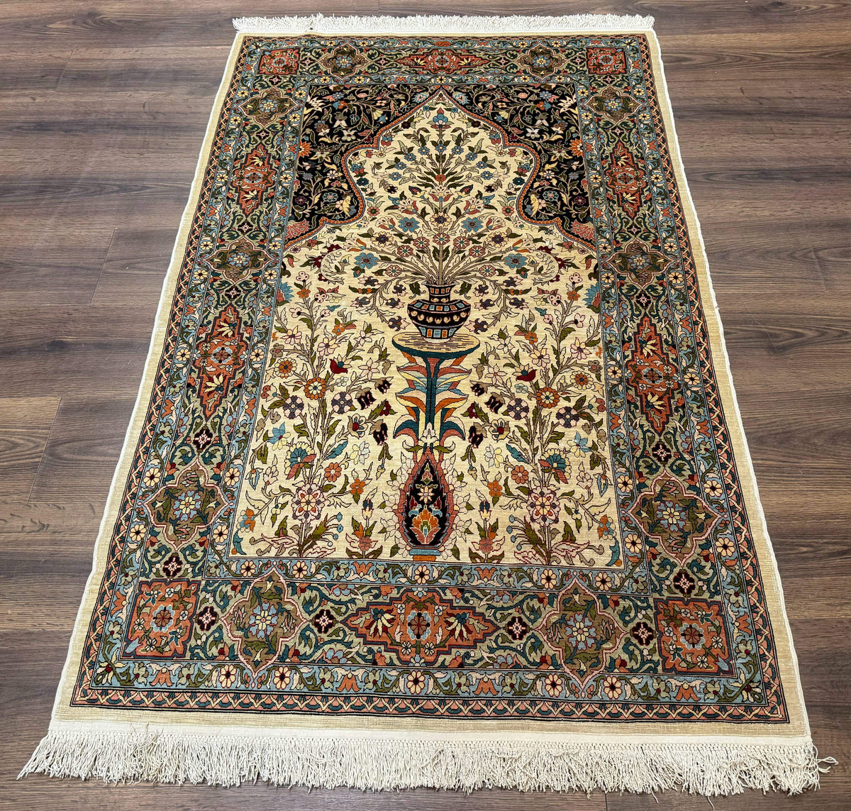 Rare Turkish Hereke Silk Rug 3x5, Tree of Life Persian Vase Design, Very Fine 440 KPSI, Signed - Jewel Rugs, view 12