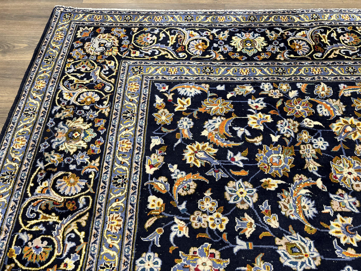Wonderful Navy Blue Persian Kashan Rug 11x13, Allover Floral Design with Central Medallion, Wool Hand-Knotted Antique Carpet, Signed Rabani Rug - Jewel Rugs, view 6
