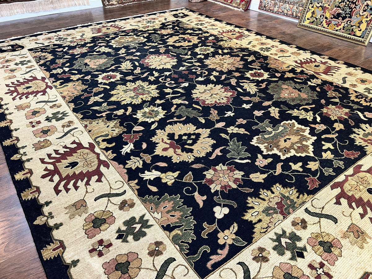 Indo Persian Rug 10x14, Wool Handmade Room Sized Floral Oriental Carpet, Indian Mahal Flatweave Rug, Black Beige - Jewel Rugs, view 13