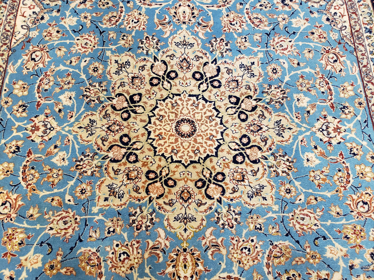 Persian Isfahan Rug, Kork Wool on Silk Foundation, Sky Blue, Hand-Knotted, 5' 1" x 7' 8" - Jewel Rugs, view 5