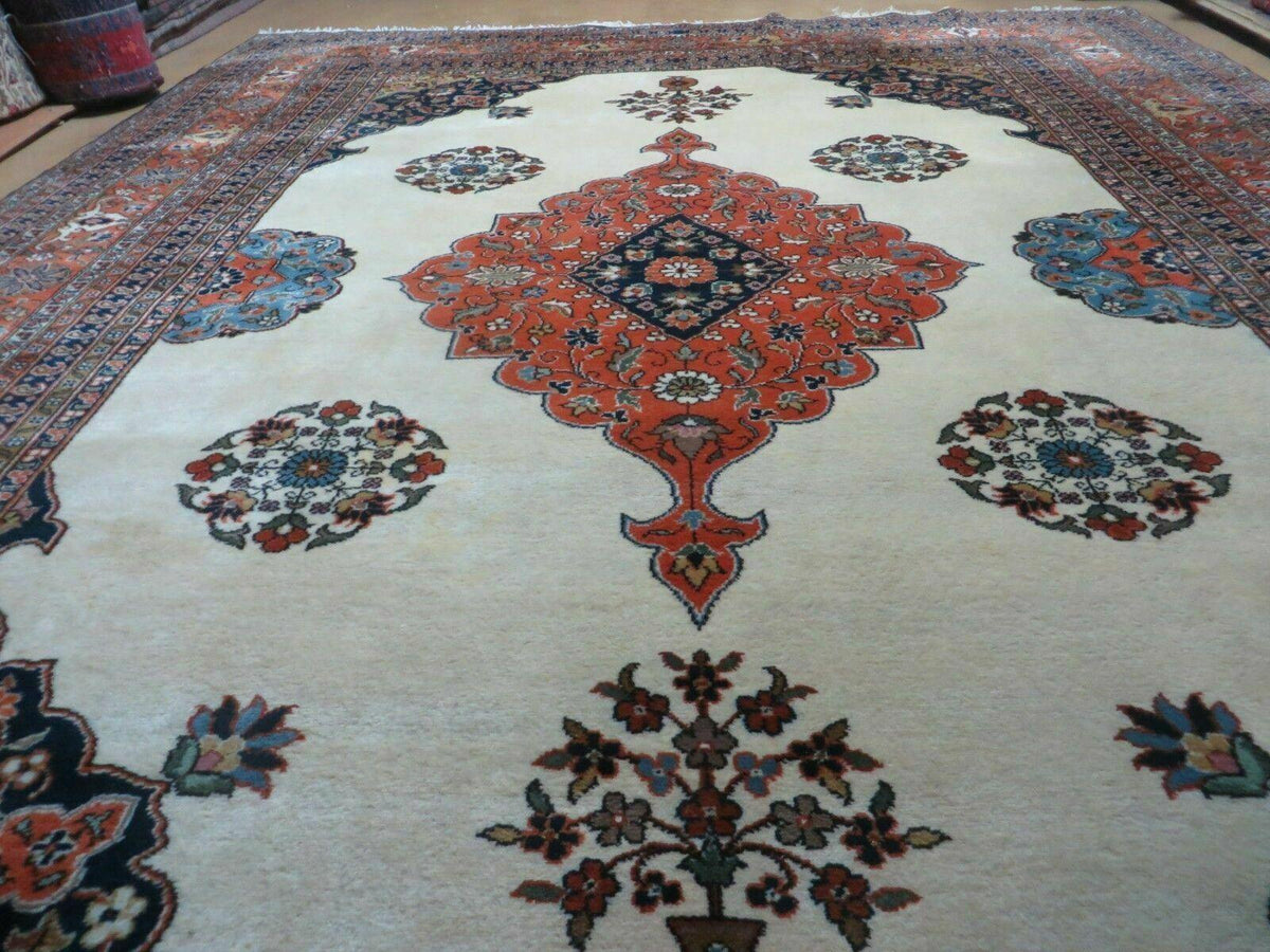 Indo Persian Rug 9x12, Semi Open Field Medallion, Ivory Tomato Red Navy Blue, Hand Knotted Indian Oriental Wool Carpet 9 x 12 ft, Room Sized - Jewel Rugs, view 12