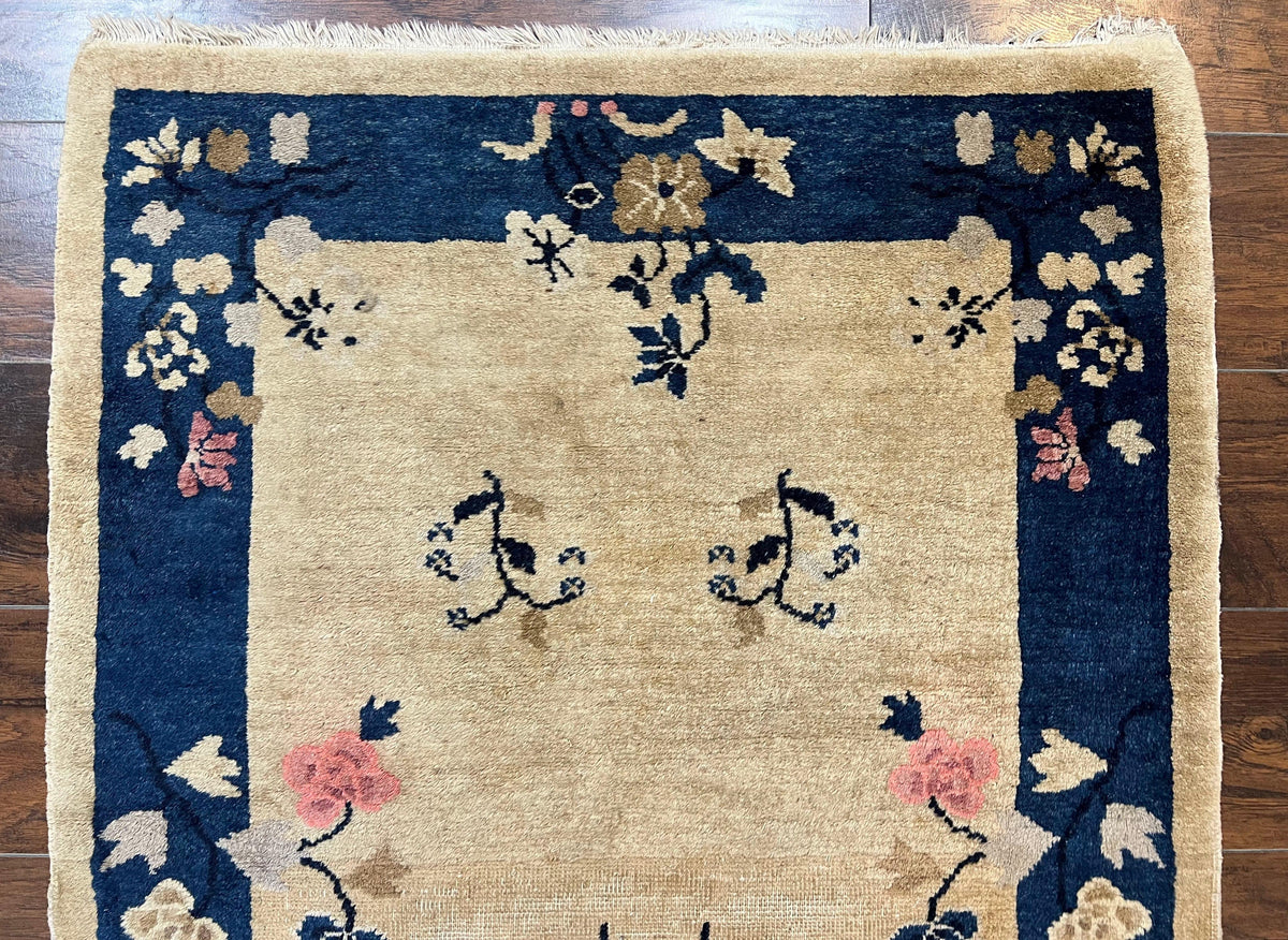 Antique Chinese Peking Rug 3x6, Beige and Dark Blue Hand Knotted Handmade Asian Oriental Carpet, Floral Vases, Vintage Wool Art Deco Rug - Jewel Rugs, view 4