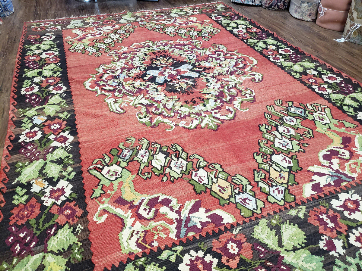 Karabakh Rug 8x11, Caucasian Kilim Rug, Vintage Antique Turkish Anatolian Azerbaijani Carpet, Wool Red & Black Hand-Woven 8 x 11 Living Room - Jewel Rugs, view 13