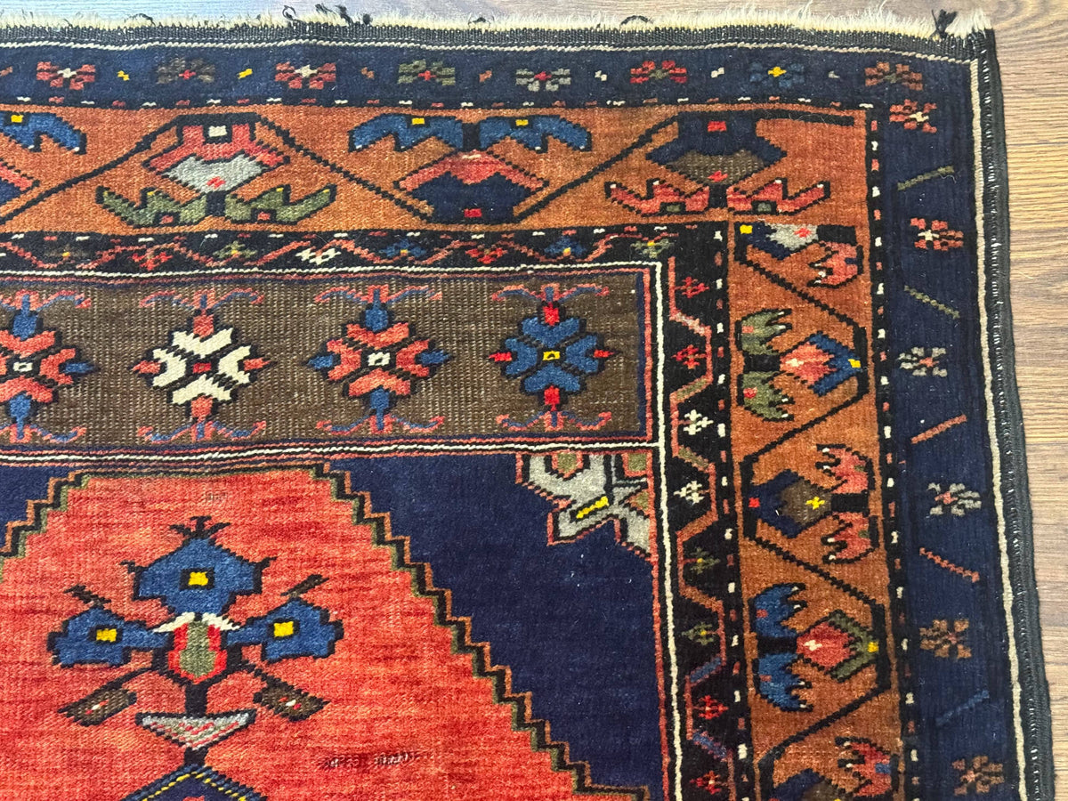 Persian Rug 3x6, Geometric Medallion, Village Tribal Rug, Terracotta and Navy Blue, Antique Nahavand Hamadan Rug - Jewel Rugs, view 8