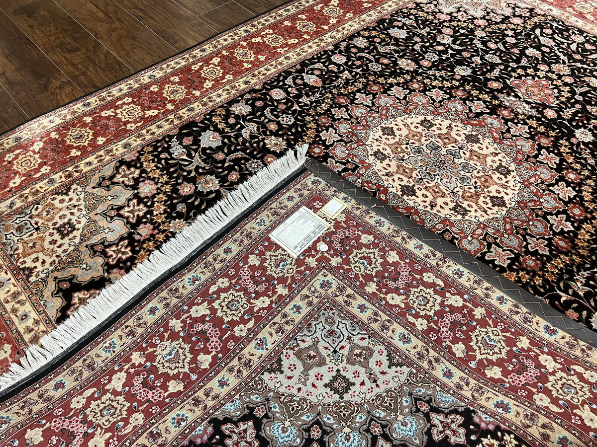 Marvelous Persian Tabriz Rug 7x10 ft, Super Fine 50 Raj, 300+ KPSI, Black and Rust Red, Floral Medallion Handmade Wool Oriental Carpet, Top Quality - Jewel Rugs, view 11