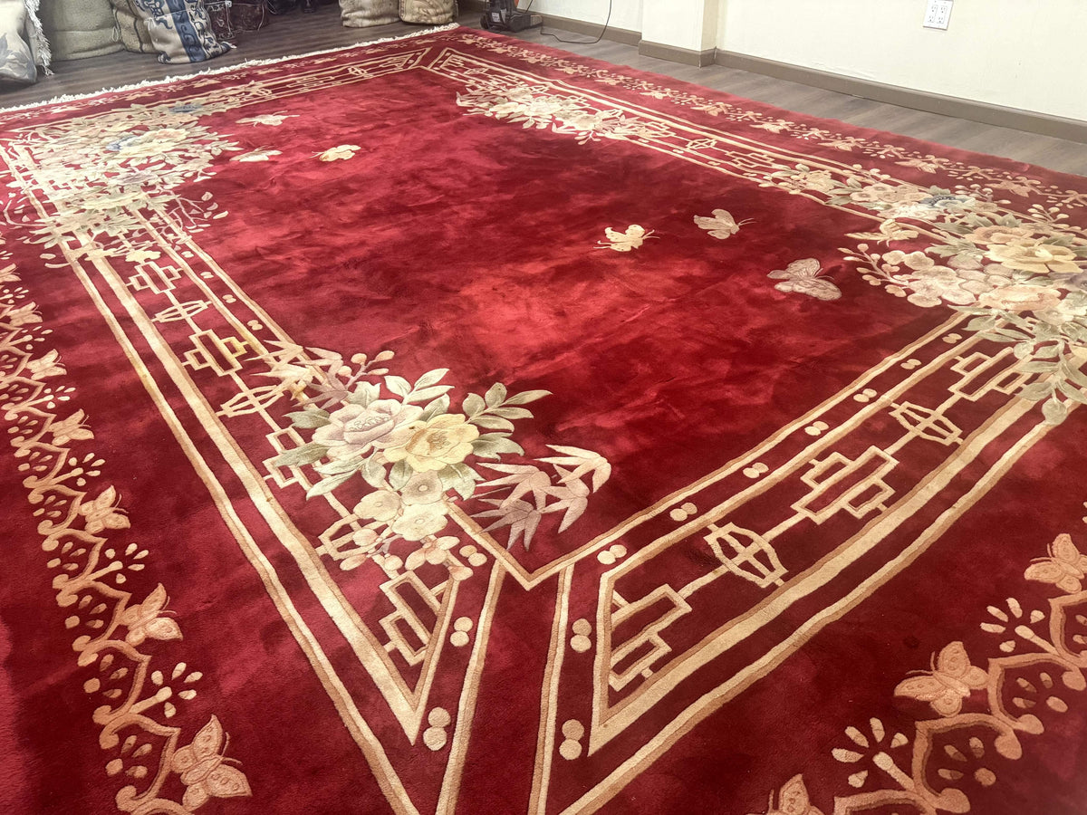 Palace Size Chinese Wool Rug 12x18, Red Art Deco Chinese Carving Carpet, Butterflies Flowers - Jewel Rugs, view 13