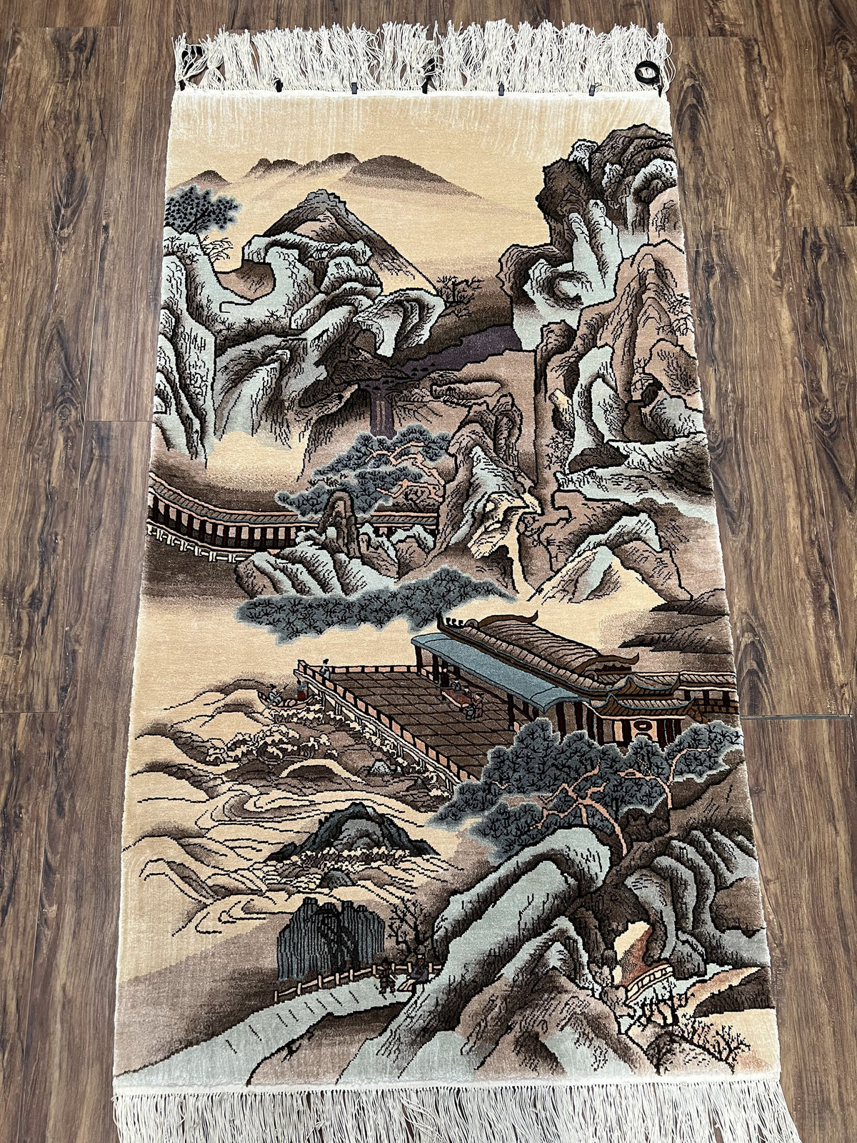 Silk Chinese Wall Hanging Rug 3x6 ft Tapestry, Pagoda Scene, Pictorial, High Quality Fine Hand Knotted Vintage, Asian Oriental Handmade Nice - Jewel Rugs, view 3