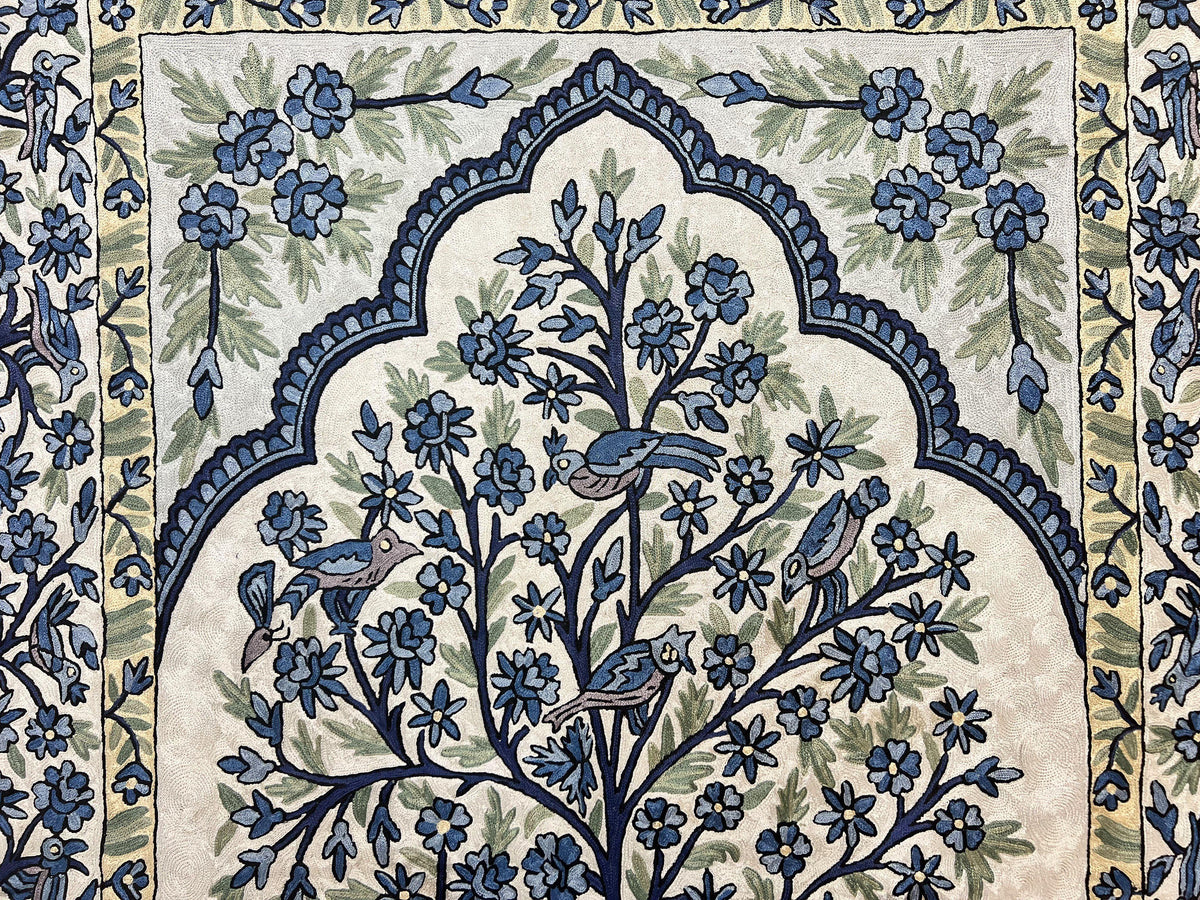 Tree of Life Indian Hand Stitched Rug 4x6, Indian Wall Hanging Rug, Ivory Blue, Silk on Cotton, Vintage - Jewel Rugs, view 5