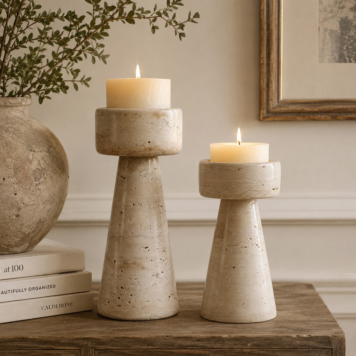 Set Of Two Travertine Candle Holder