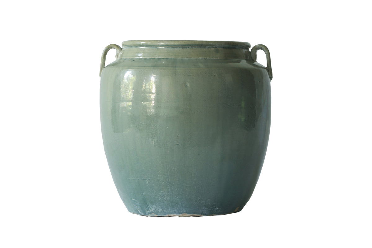 Vintage style green jar with two handles
