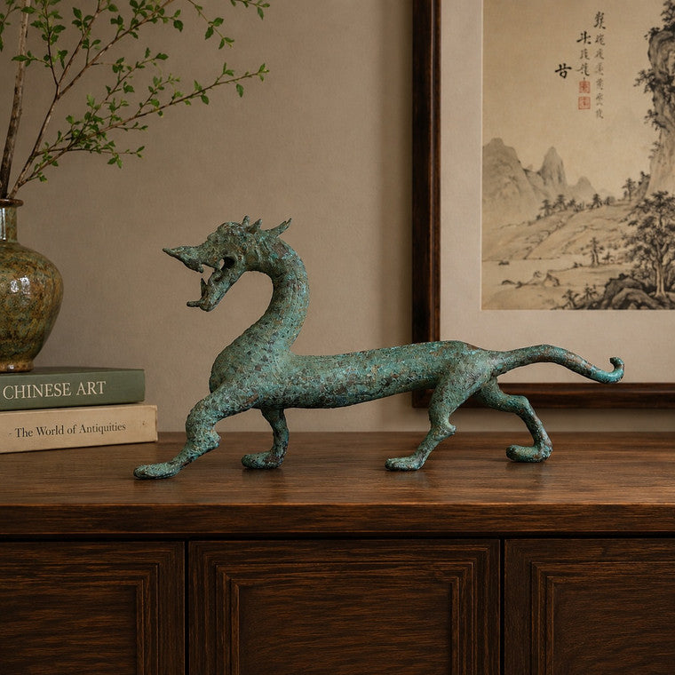 Approx. 21" Long Distressed Green Bronze Dragon Statue image 3