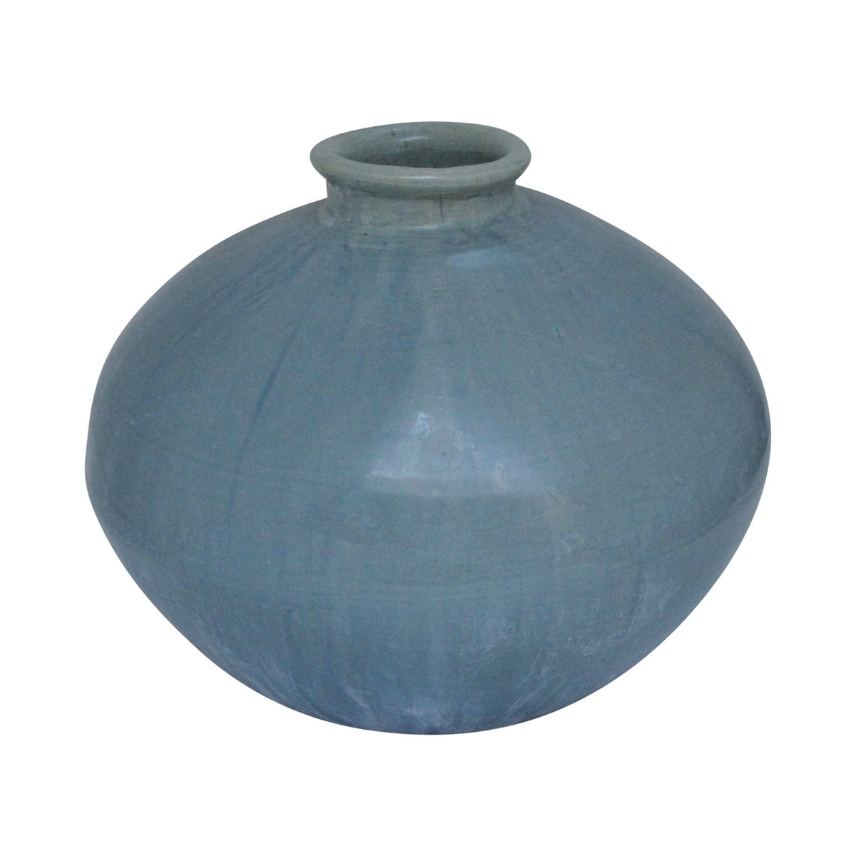 Approx 12" Blue Green Vintage Style Flat Round vase (finish varies)