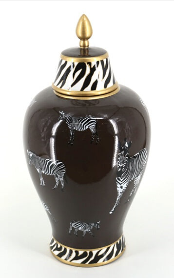 Black Zebra Lidded Vase With Gold Trim - L