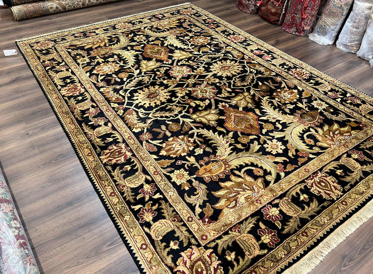 Indo Mahal Sultanabad Rug 8x11, Vintage Indian Oriental Carpet, Wool Handmade Floral Rug 8 x 11 ft, Black Beige Tan, Large Flowers Allover - Jewel Rugs, view 13