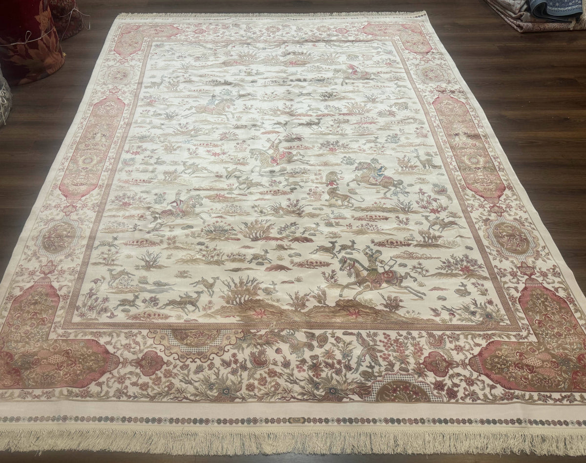 Large Turkish Silk Rug 8x10, Ivory, Hunting Design, Bamboo Silk, New - Jewel Rugs, view 2