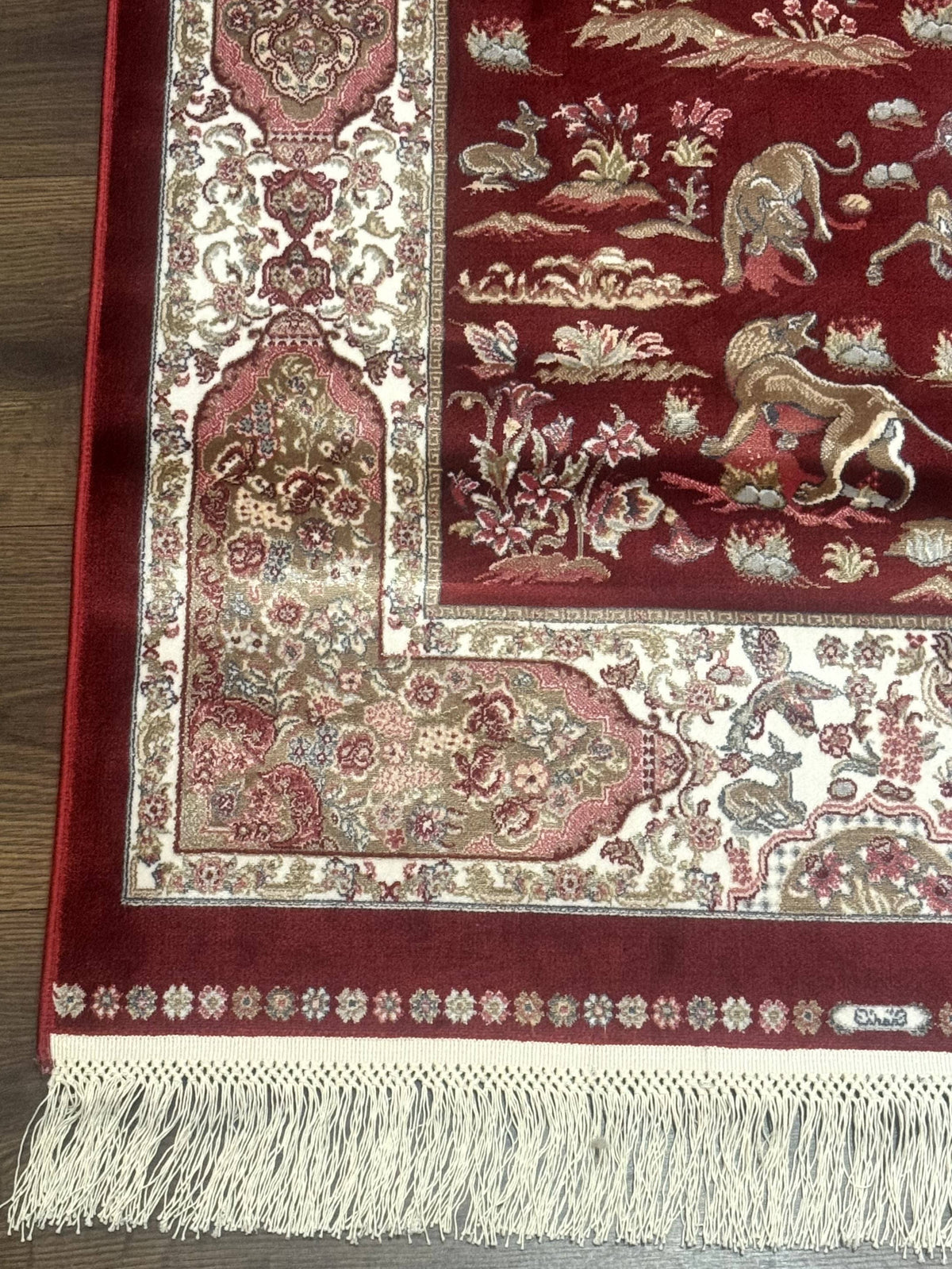 Turkish Silk Rug 2.6 x 6.7, Hunting Design, Short Runner Rug, Red & Ivory, Bamboo Silk, New - Jewel Rugs, view 9