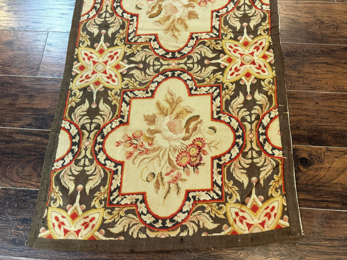 Needlepoint Runner Rug 2.7 x 9.7, European French Design, Wool, Handmade, Vintage - Jewel Rugs, view 6
