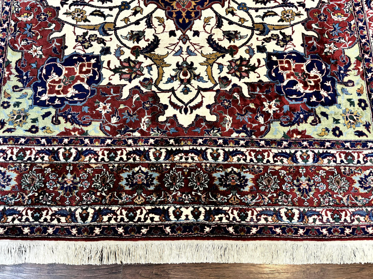 Wonderful Persian Isfahan Rug 7x9, Ivory Navy Blue Red, Floral Medallion, Very Finely Hand Knotted 260 KPSI, Handmade Wool Vintage Rug - Jewel Rugs, view 6