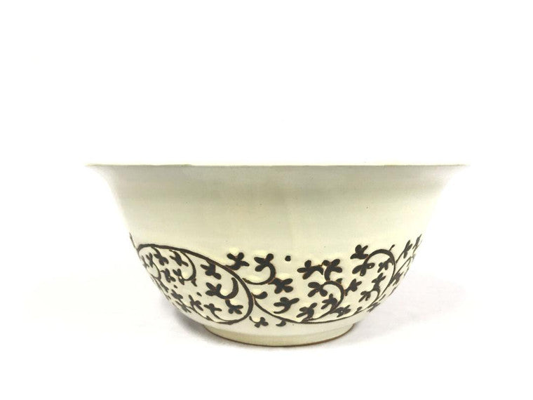 Black and White Hand Painted Embossed Style Bowl - Leaf Scroll image 3