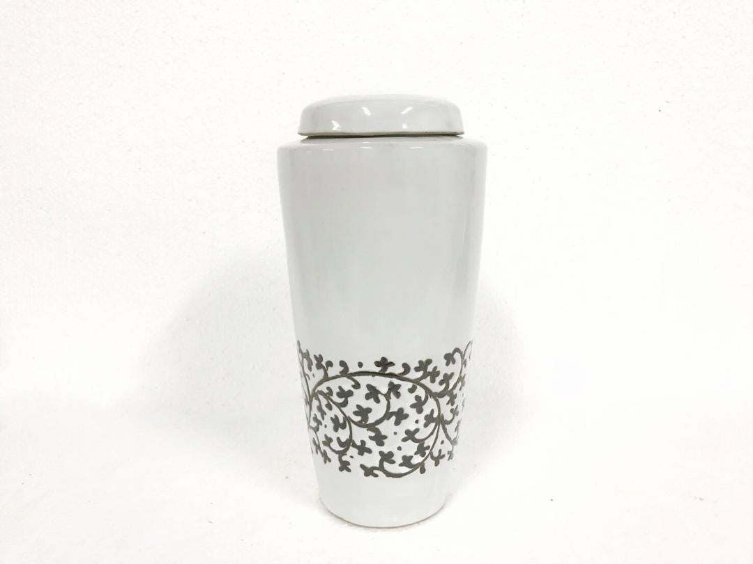 Black and White Hand Painted Tall Vase - Floral Bottom