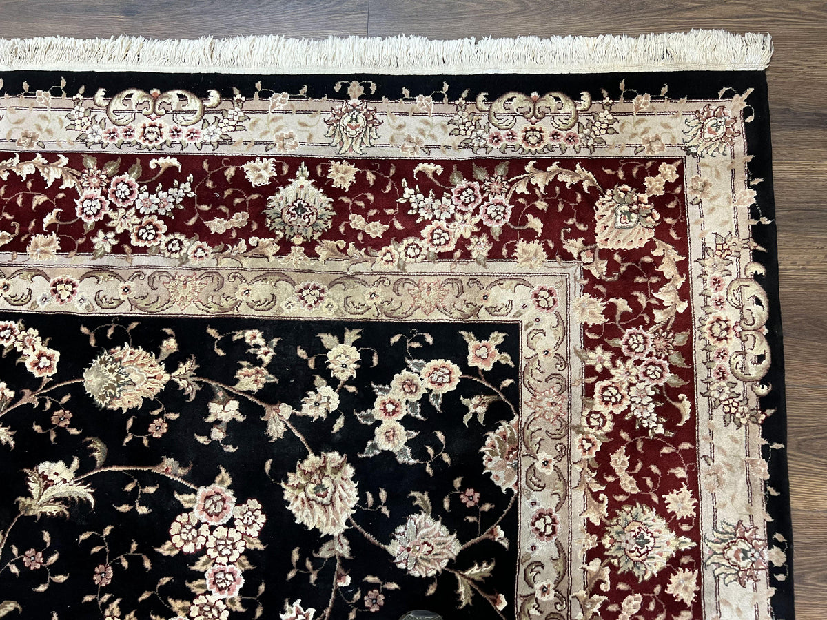 Sino Persian Rug 9x12, High Quality Oriental Carpet, Black and Maroon, Wool and Silk, Allover Floral Pattern, Hand Knotted, Vintage Rug Nice - Jewel Rugs, view 7