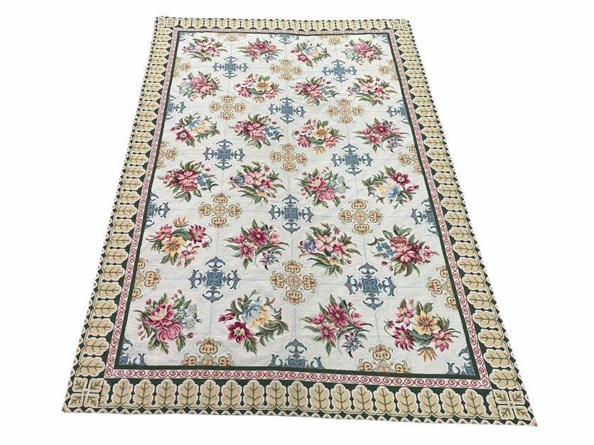 Hand-Knotted Needlepoint Carpet 6x9, Ivory/Cream Background, Colorful Flowers, Yellow Border, Aubusson Rug 6 x 9, New, Handmade - Jewel Rugs, view 2
