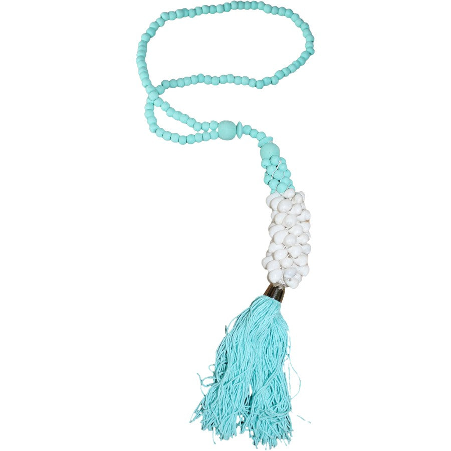 White Shell Light Blue Tassels 26"Long