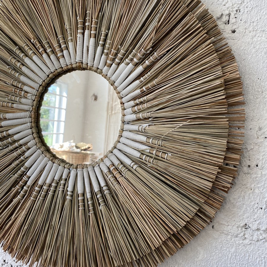 Straw Mirror with White Thread Small