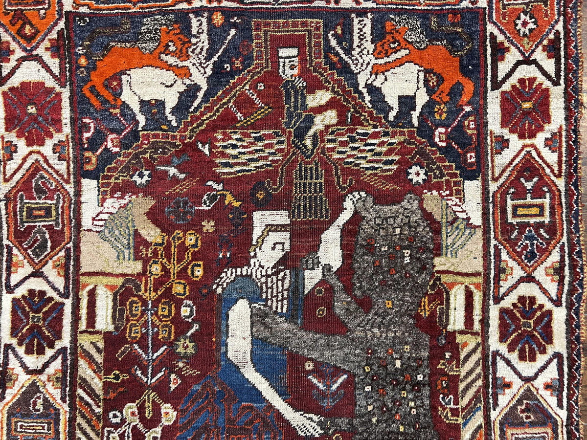 Antique Persian Shiraz Pictorial Rug 3.6 x 5, Persian Tribal Rug, Handmade, Lions, Highly Unique Collectible Small Persian Carpet, Maroon, Wool - Jewel Rugs, view 13