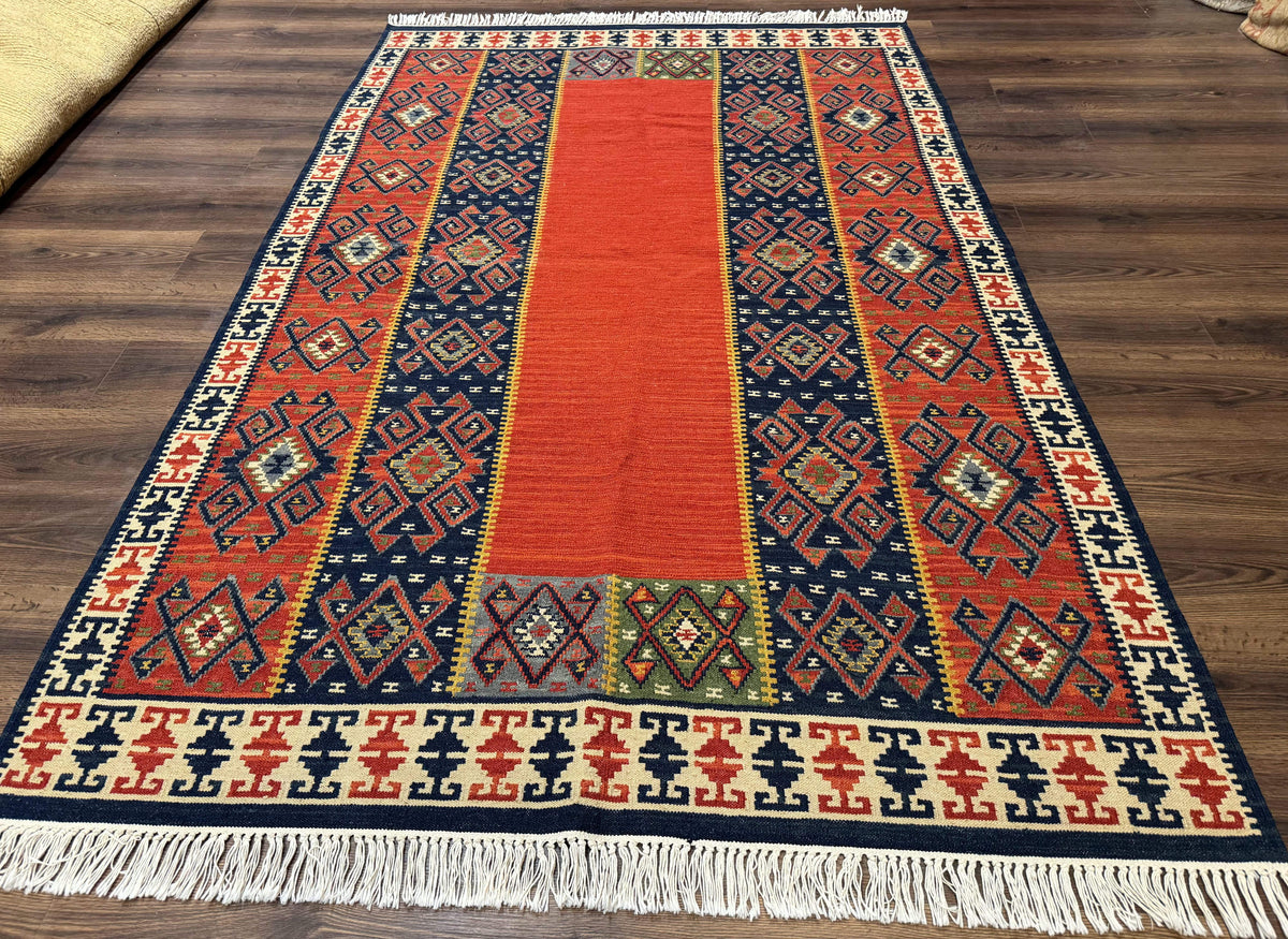 Turkish Kilim Rug 5x8, Flatweave Carpet, Handmade Bohemian Rug, Terracotta and Navy Blue - Jewel Rugs, view 12