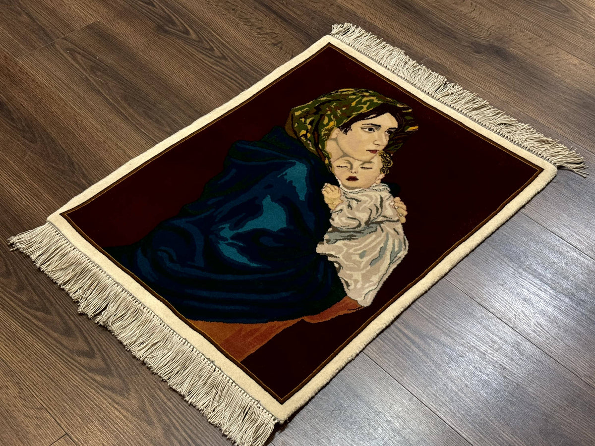 Small Persian Tabriz Pictorial Rug 2x2, Mother Holding Child, Very Fine 340 KPSI, Maroon - Jewel Rugs, view 3