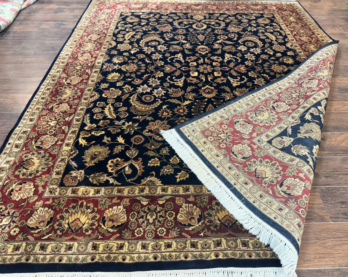 Indo Persian Rug 8x10, Navy Blue and Red, Floral Allover, Hand Knotted Vintage Wool Carpet, Indo Sarouk - Jewel Rugs, view 12