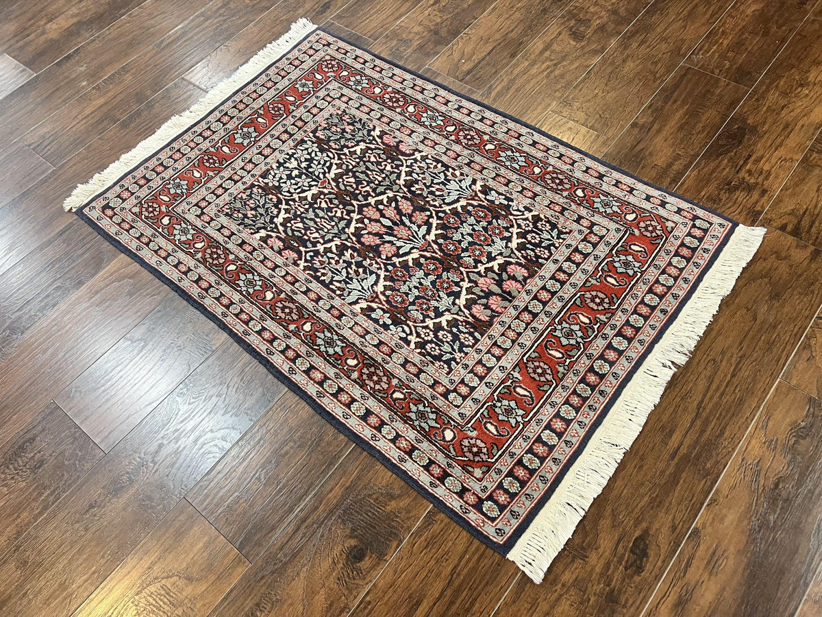 Pak Persian Rug 3x4, Wool Hand Knotted Vintage Traditional Carpet, Navy Blue & Red, Very Fine Small Handmade Floral Rug - Jewel Rugs, view 13