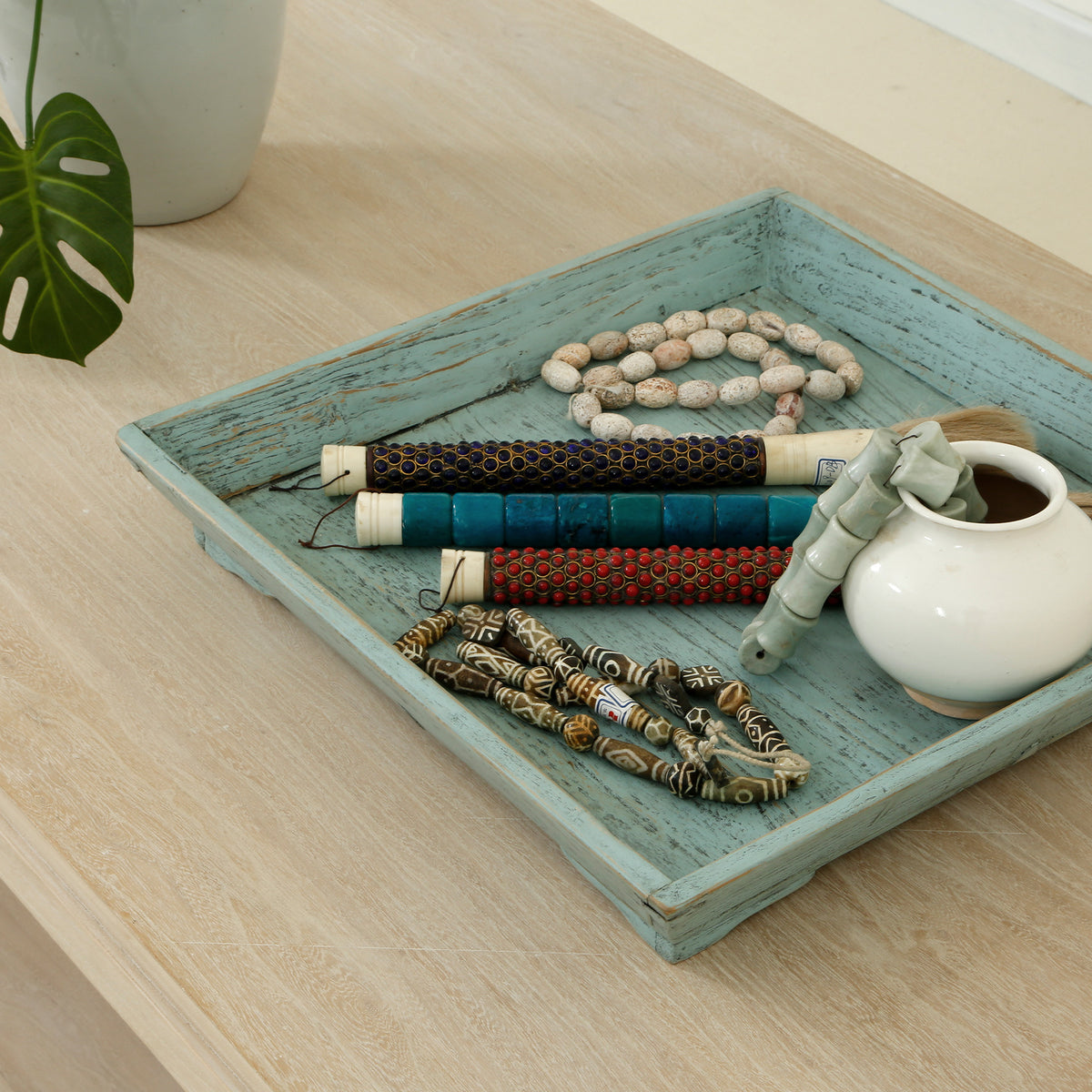 Vintage SquareTray with weathered soft aqua wash