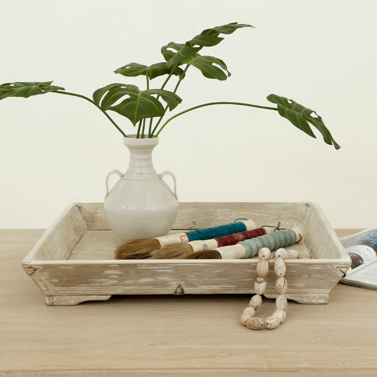 21" Square Reclaimed Wood Tray Distressed Whitewash