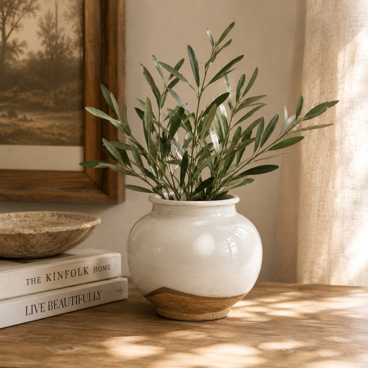 Approx. 6" H Off White Ceramic Pot with Unglazed Base
